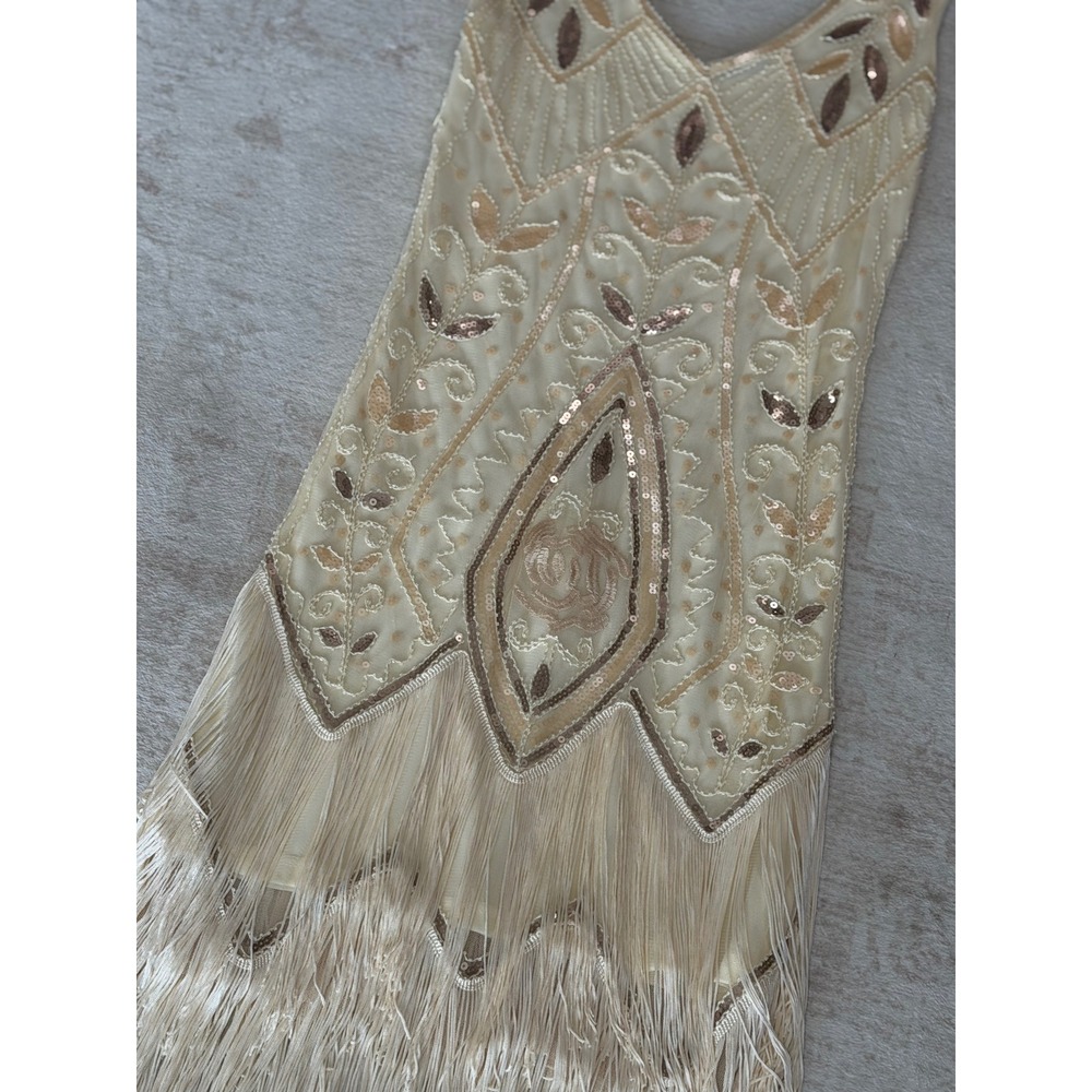 Champagne Sequin Beaded Flapper Dress Great Gatsby 1920s Fringe Cocktail Dress - Picture 5 of 15